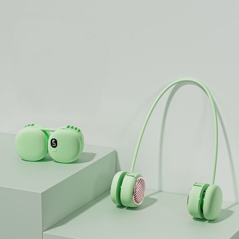 Ventilador de cuello portátil con 5 velocidades y rotación de 360°, ideal para gimnasios y actividades al aire libre. Verde. (1/5)