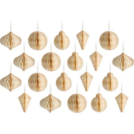 Set of 20 Christmas Baubles Beige Honeycomb Paper Hanging Ornaments 3D Decorations for Xmas JOLSTRA