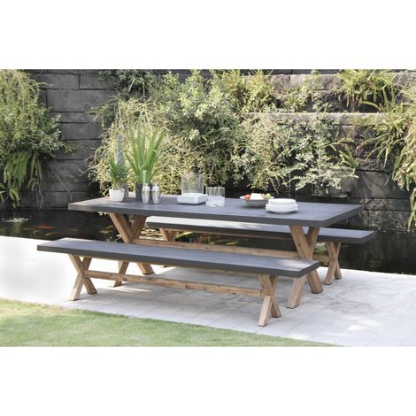 HECTOR - Ensemble jardin béton et acacia - Table 200100 cm et 2 bancs (1/5)