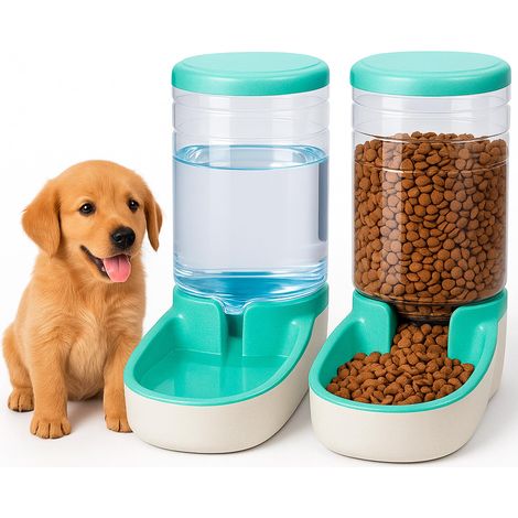 Distributeur Croquettes Chat, Chien, Automatique, 2 Unités, 3.8 L, Gamelle à Nourriture et à Eau pour Animaux de Compagnie (Vert) (1/5)