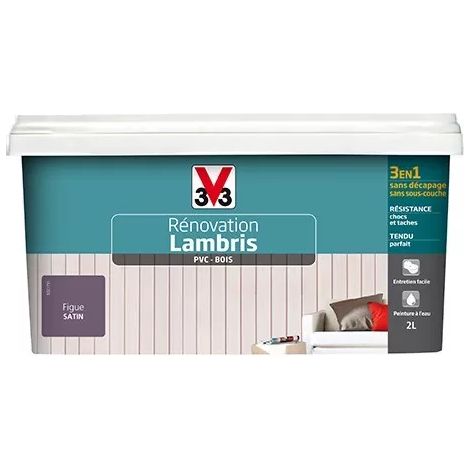 V33 – Peinture rénovation lambris PVC-bois satin figue 2 L – Résistante aux tâches et chocs – Application sans décapage ni sous-couche