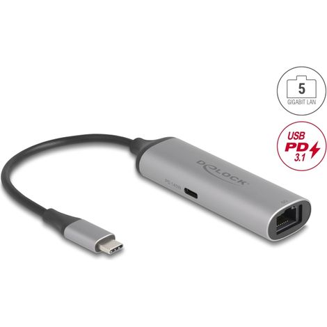 Delock Adaptador de red USB Type-Câ¢ 5 Gigabit LAN 1 x RJ45 con Power Delivery PD 3.1 140 vatios