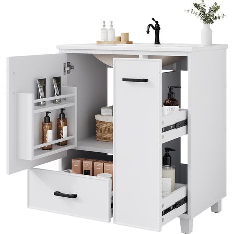 CHICFURN Mueble bajo lavabo 76,5 x 47 x 82 cm de MDF y cerámica blanca con almacenaje (1/5)