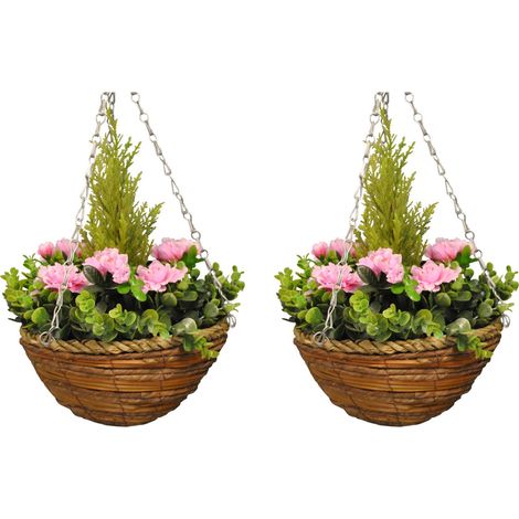 Set of 2 x Artificial Azalea Topiary Hanging Baskets (25cm) (1/5)