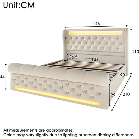 Lit double moderne velours beige 140x190cm avec éclairage LED intégré, tête de lit spacieuse dotée de ports USB et Type-C, sommier coffre hydraulique de rangement, sans matelas. (1/4)