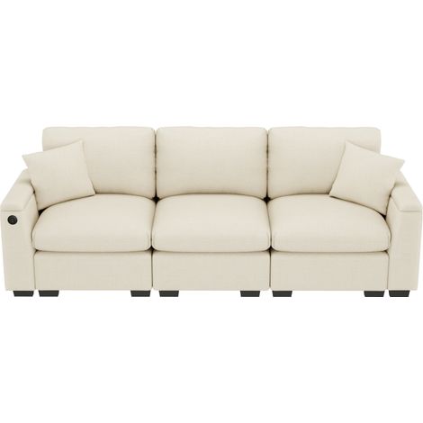 Modernes Dreisitzer-Sofa aus Chenille, Stoffsofa mit Kissen, Klapptisch und USB-Anschluss, Getränkehalter und Stauraum, ein multifunktionales Sofa, geeignet für Büros, Wohnungen und Heimkinos. (1/5)
