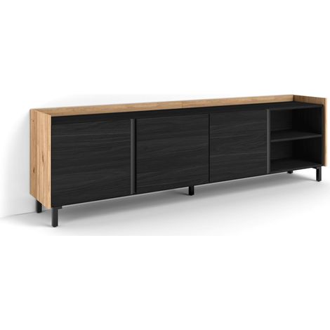 Skraut Home - Mueble TV, Televisión, Muebles de salón, almacenaje, 207x35x61cm, Para TV hasta 80", Diseño industrial, Estilo Moderno, Negro y roble (1/5)