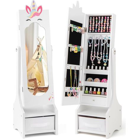 GOPLUS Armoire a Bijoux Enfant Fille, 2 en 1 Armoire à Bijoux avec Miroir, Organisateur à Bijoux sur Pied avec Tiroir Pliable, 2 Angles Réglables, Jolie Licorne, pour Chambre d'enfant (Blanc) (1/5)