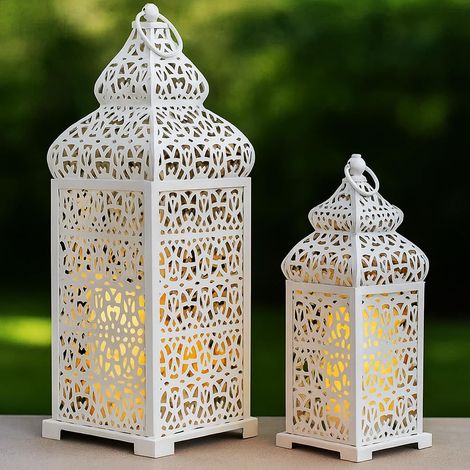 Lot de 2 Lanternes Bougie Style Marocain Blanc, Suspension ou Posé, Intérieur Extérieur (1/5)