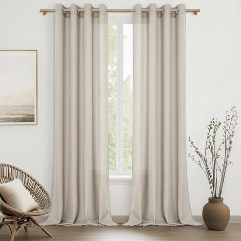 Rideau Voilage Fenetre Salon Beige Lot de 2 Panneaux de Rideaux Chambre Adulte Intérieurs Rideau Voile Effet Lin Semi-Transparent à Oeillets pour Baie Vitrée Salle a Manger 140x245cm (1/5)