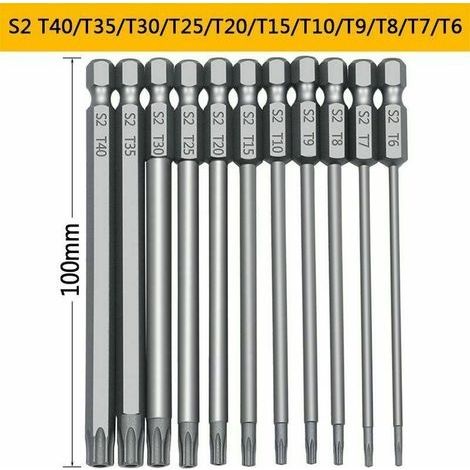 11 pièces 100mm S2 1/4 pouces tournevis embouts hexagonaux de précision perceuse tournevis de sécurité magnétique T6-T40 tournevis à tête longue (1/5)