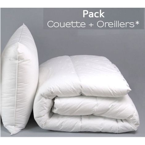 Umberto Ravelli – Couette blanche 1 place 140 x 200 cm – 1 oreiller 60 x 60 cm – Fabrication française – Enveloppe polyester – Lavage à sec