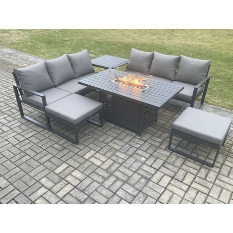 Fimous Aluminium Outdoor Lounge Sofa Garden Furniture Sets Gas Fire Pit Dining Table Set with 2 Big Footstools Side Table Dark Grey (1/5)