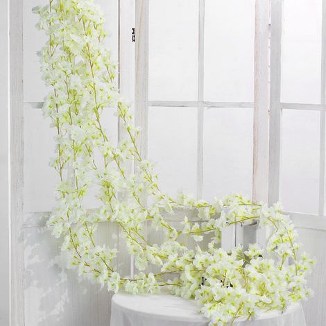 Fleurs artificielles en rotin, guirlande de 1,8 m, 135 fleurs, imitation rotin blanc, décoratives et éclatantes.