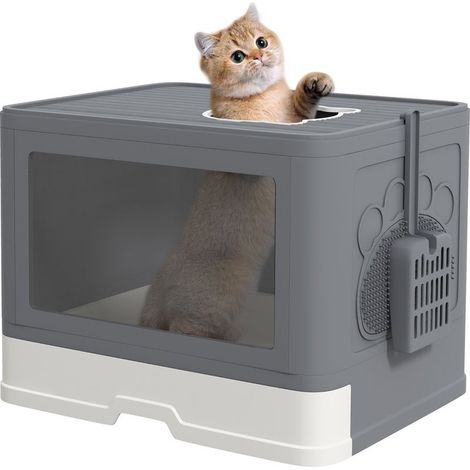 Tray to litter closed for cat with cover and double input, drawer removable, shovel and brush, gray (1/5)