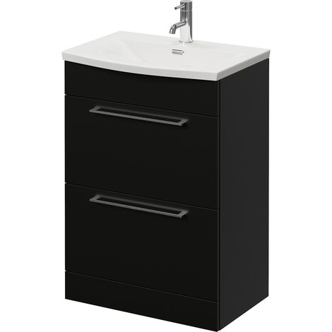 Napoli 390 Matt Black 600mm 2 Drawer Vanity Unit with Arc Basin - 600mm - Chrome 320mm Handle