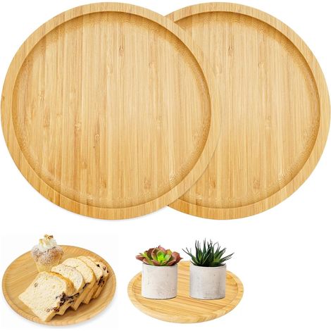 Round bamboo tray, 20 x 20 x 1.5 cm, 2 pieces Bamboo Saucer, Round Wooden Tray, Fruit Steak Food Pots Plants, For Meals Coffee Bread (1/5)