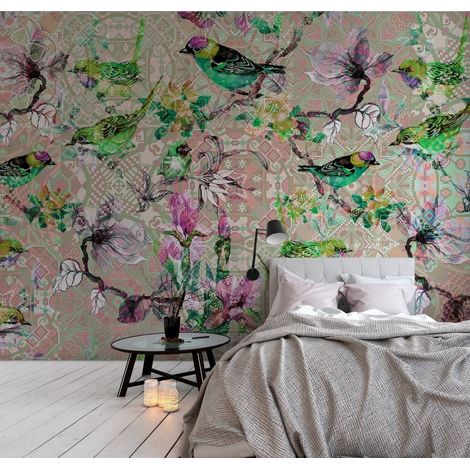 Papier peint panoramique sur fond beige | Tapisserie panoramique florale rose et verte pour bureau | Papier peint panoramique à motif oiseau - 270 x 400 cm (4 pièces) (1/5)