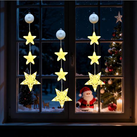Lot de 3 Décorations de Fenêtre Noël LED avec Ventouses, Étoiles Lumineuses de Noël pour Fenêtre, Chambre, Balcon, Fête, Décoration Intérieure et Extérieure (1/5)
