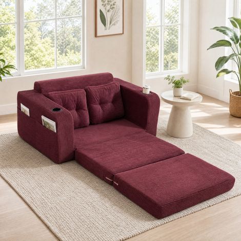 CHICFURN Sofá de 2 plazas convertible 136x80,5 cm de tejido de pana burdeos con portavasos (1/5)