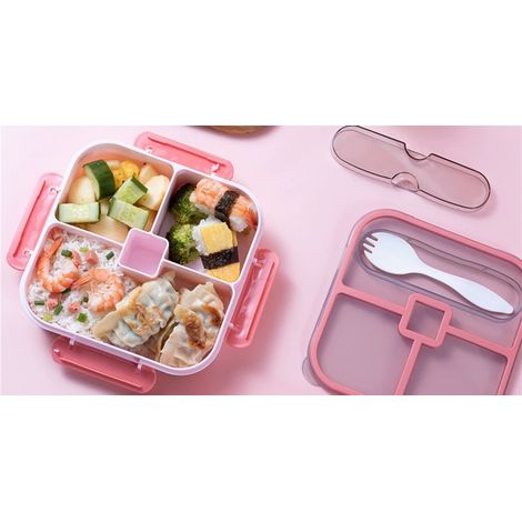 Fiambrera cuadrada, contenedor de almuerzo de 4 compartimentos, antideslizante, lavable, fabricada con material de alta calidad apto para alimentos (rosa)