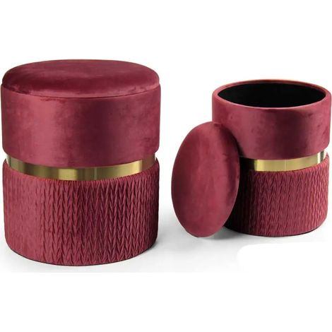 Set 2 pouf contenitore in velluto bordeaux/oro Ø38x44 e Ø31x38 cm