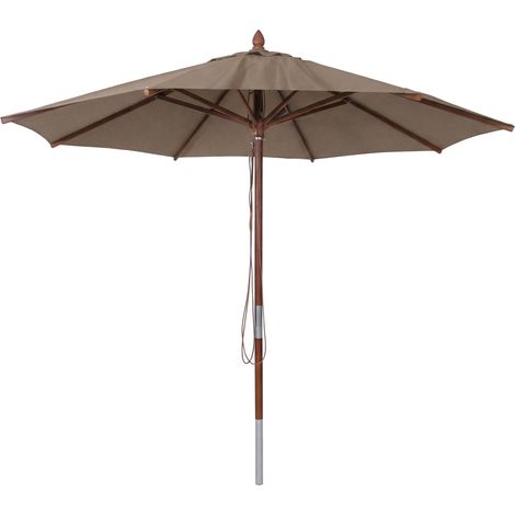 Gastronomie Holz-Sonnenschirm HHG-487b, Gartenschirm, Polyester/Holz 14kg, rund Ø3m Seilzug stoßsicher taupe