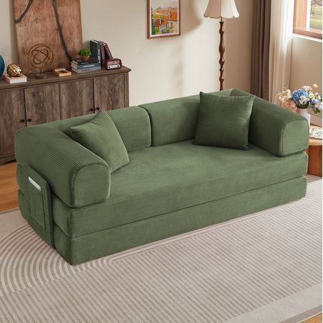 Sofá cama plegable de 2 plazas, asiento tipo banco de espuma, estructura de acero, pana - verde (1/5)