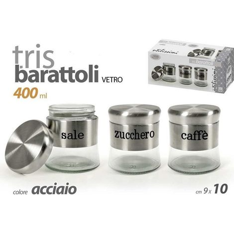 Kaela - Tris Barattoli Colore Acciaio In Vetro 9x10cm 400 Ml Sale Zucchero Caffe' 816604 -