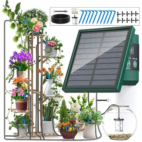 Système d'arrosage automatique solaire avec mode d'irrigation réglable, système d'arrosage goutte-à-goutte avec tuyau de jardin de 10 m et 10 goutteurs (1/5)