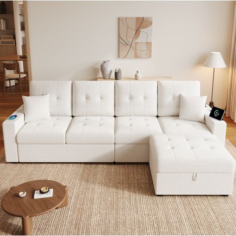 Sofá esquinero modular de 4 plazas beige en lino con puf de almacenaje, LED y USB (1/5)
