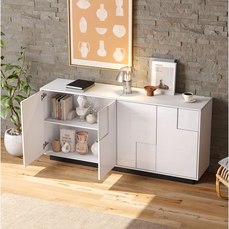 Sideboard 160 x 37 x 75,5 cm, mit 4 Türen, geometrisches Hochglanzdesign, Spanplatte, Weiß und Schwarz (1/5)