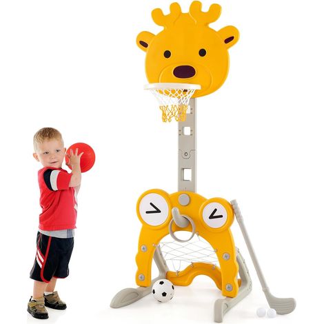 COSTWAY 4 en 1 Panier de Basket-Ball Enfant en Forme Cerf avec Hauteur Réglable & Base à Remplir, Centre de Sports Enfant avec But de Football & Golf, Intérieur Extérieur, 3 Ans+ (Cerf) (1/5)