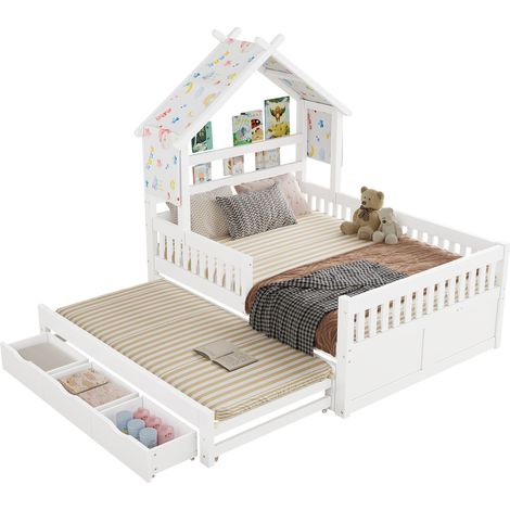 CAIziLit maison 140x200 avec lit gigogne,3 tiroirs,barrières bois(sans matelas) (1/5)