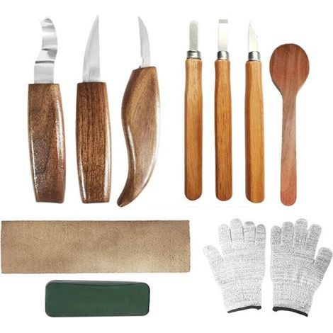 10-teiliges Holzschnitzwerkzeug-Set, Holzschnitzset mit 3 Holzmeißeln, 3 Holzschnitzmessern, Handschuhen, professionelles Holzschnitzwerkzeug für Anfänger und Profis (1/4)