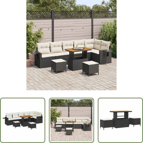 Gartenmöbel - Gartensofa-set mit Kissen 11 pcs Schwarz und Creme Poly-Rattan (1/5)