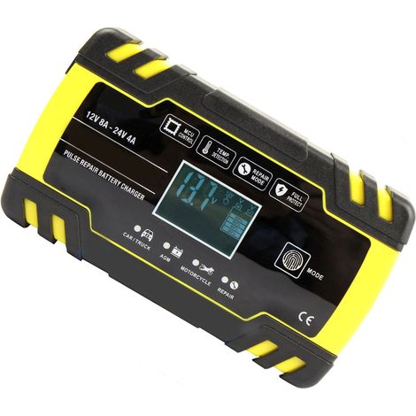 (Exclusivité Asie du Sud-Est) Chargeur de batterie pour moto et voiture 12 V/24 V, chargeur de réparation pour camions, chargeur AGM, norme américaine, jaune, 8 A, écran LCD (1/2)