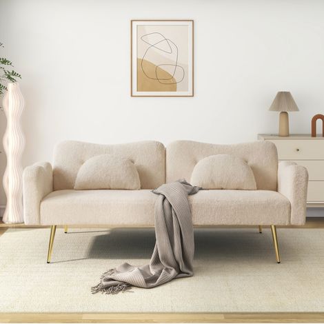 Divano letto 2 posti 175x79x82 cm in tessuto peluche beige, sollevabile FLORAGRACE (1/5)
