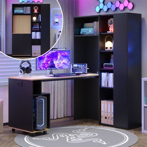 Bureau pliant avec étagères – bibliothèque et bureau 2-en-1, pliable, avec prise et port USB, étagères réglables en hauteur, protection anti-basculement, bureau d'angle-droit (1/5)