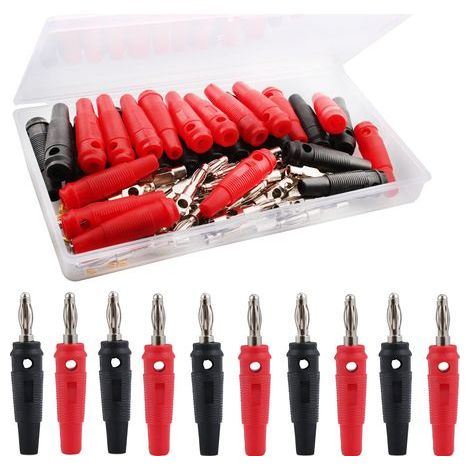 Paquete de 30 conectores banana de 4 mm – Conectores de audio para altavoces y amplificadores HiFi – Plástico y metal flexibles – Negro y rojo (1/4)