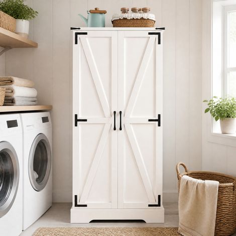 Küchenbuffet 60 x 35 x 128,5 cm mit LED-Beleuchtung und verstellbaren Regalböden, weiß HAVRYA (1/5)