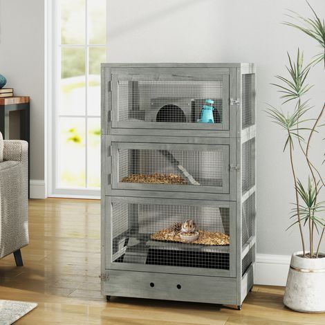 Cage pour hamster nain vertical 65x45x109 cm en bois gris avec roues, pour petits espaces – MEUBLIV (1/5)
