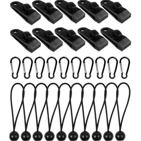 PA Ce kit de 30 pièces comprend des pinces pour toile de tente, 10 verrous pour toile de tente, 10 cordons élastiques en nylon et 10 mousquetons. Il convient aux tentes, bâches de tente, auve (1/4)
