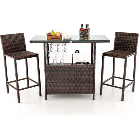 3 Piece Patio Wicker Garden Bar Set Rattan Bar Height Table Hidden Storage Shelf (1/5)