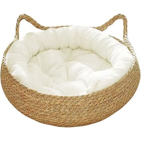 Lit de Panier de Chat, nid de Chat tissé de 15 Pouces avec Coussin Doux, Lits de Chat à l'épreuve des Rayures Rondes pour Chats (1/5)