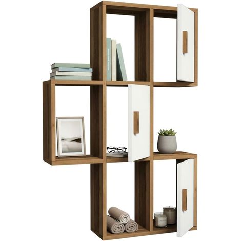 Étagère Lunara, étagère, étagère Murale, étagère Polyvalente, 50x20h113 cm, Noyer et Blanc (1/5)