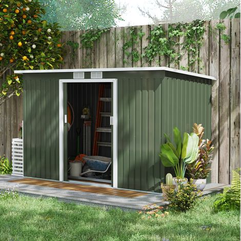 Caseta de jardín de acero galvanizado verde claro con puerta corredera 280 x 130 x 172 cm (1/5)