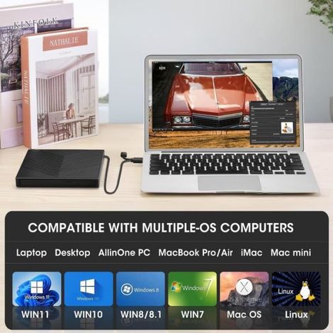 Lecteur Graveur DVD CD Externe USB 3.0 Type-C Ultra Slim 4 Ports USB 2 Emplacements Carte TF SD Noir