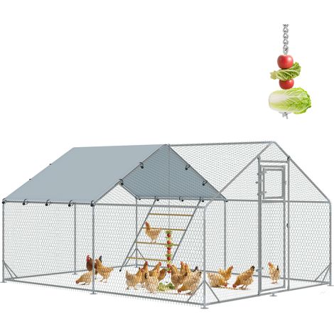 Enclos pour poules 12 m2 pour 12-18 animaux avec toit impermeable mangeoire et perchoir 3x4x1.9 m Argent