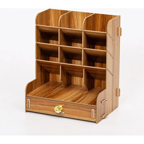 GDHZS-  Organiseur de bureau en bois avec compartiments et tiroir, rangement durable et vernis brillant pour papeterie et objets personnels, efficace pour une utilisation en classe et à la maison, Sak (1/3)